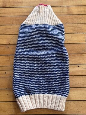 Chilly Dog Sweater wool blue cream striped cowl neck cozy warm dog puppy